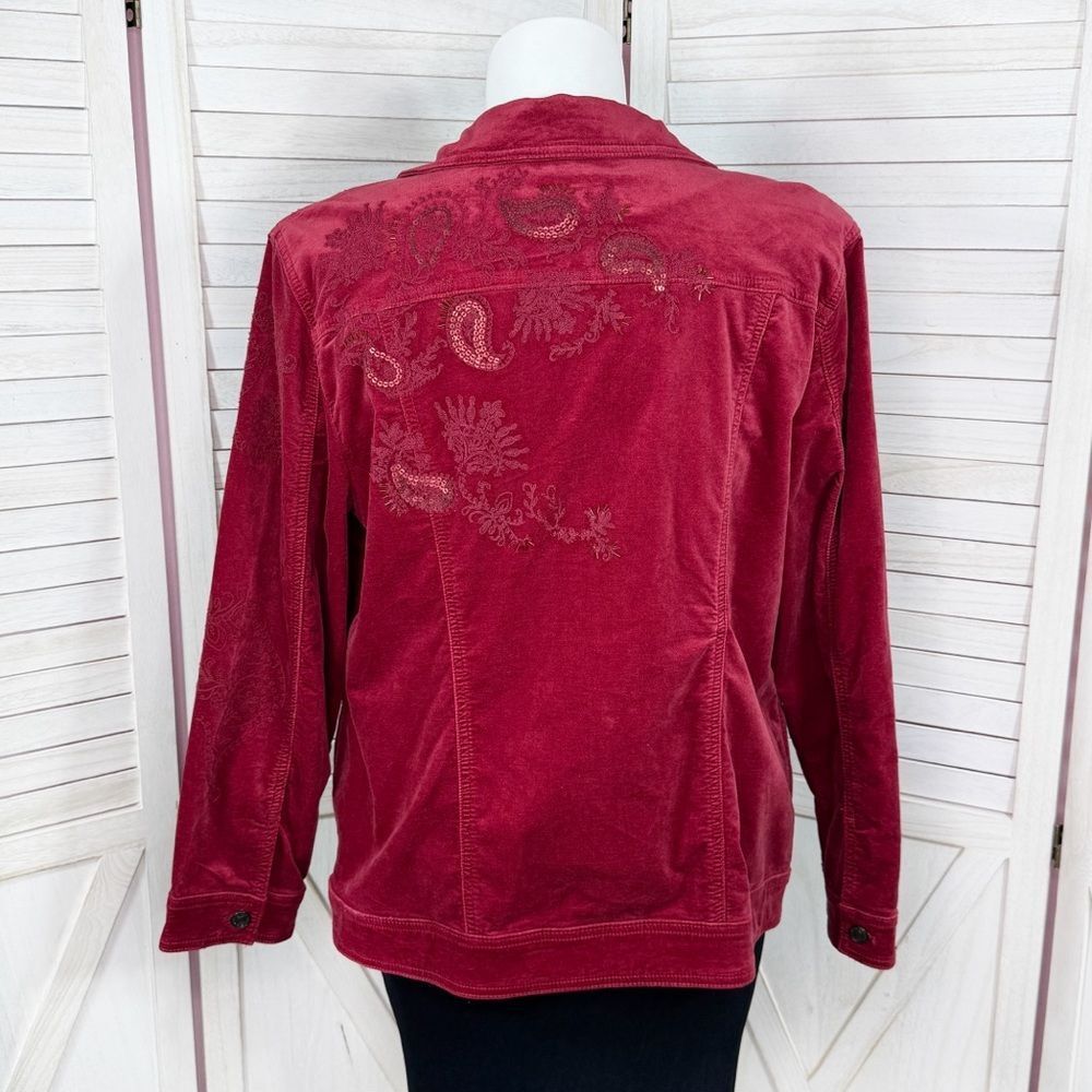 Chicos Boho Jacket Women XL 3 Red Velour Paisley Embroidered Beaded‎ Trucker - Picture 5 of 14